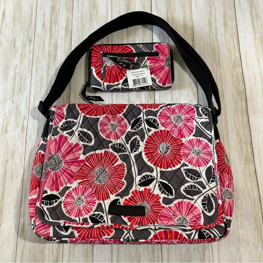 Vera Bradley Cheery Blossoms Large Quilted Laptop Messenger Bag & Wallet NWT